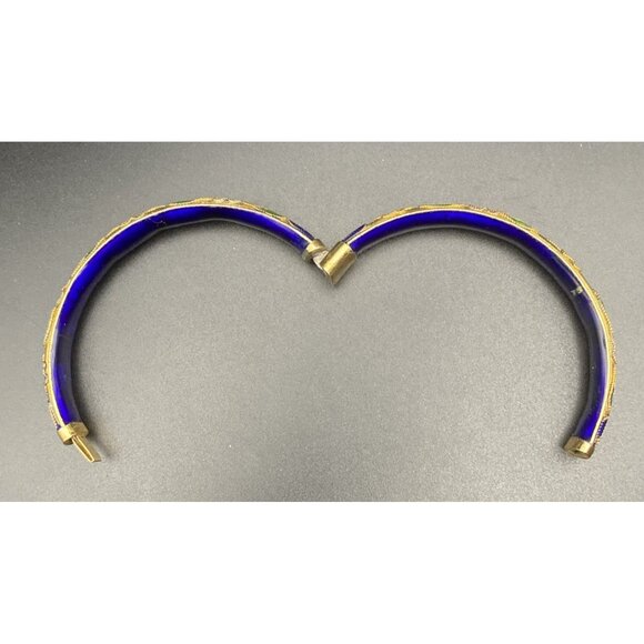 Vintage Cloisonné Bangle Bracelet Blue Gold Floral Motif Enamel Hinged 7"x1/3"w - Picture 11 of 15